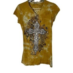 Y2K Crash & Burn Iron Cross Yellow Short Sleeve w small 2000s Mcbling baby tee